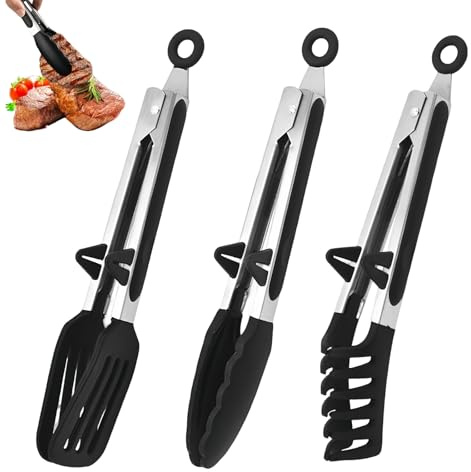 HORREX 3 stycken kökstång, låsbara metalltång, grilltång med rostfritt stål silikonspets, pastatång robust livsmedelstång, tång kökstillbehör för metall för matlagning bakning grillning