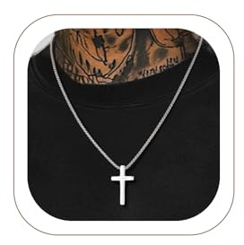 PROSTEEL Silver Cross Necklace Men – Stainless Steel Cross Pendant for Men & Teens, 20 Inch Round Box Chain, Christian Jewellery for Baptism, Confirmation & Easter Gifts