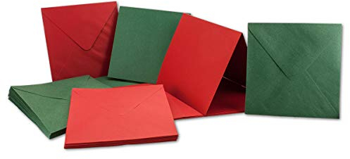 NEUSER PAPIER 100x quadratisches Falt-Karten Set inklusive Brief-Umschläge - Blanko Einladungskarten in Rot und Grün - 135 x 135 mm (13,5 x 13,5 cm) Klappkarten