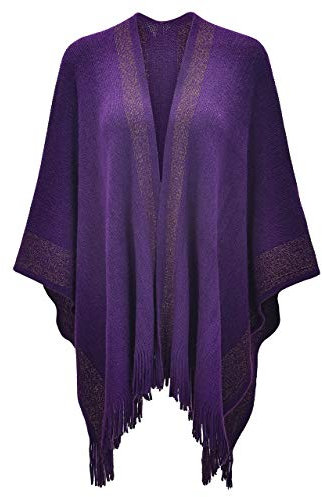 ZLYC Femmes Hiver Ouvert Cape Chaud Poncho Garniture à Franges(Violet),Taille Unique