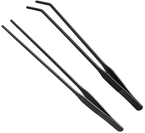 Wenplus 2PCS Aquarium Tweezers Stainless Steel Straight and Curved Tweezers Set Long Handle Reptile Feeding Tongs for Aquatic Plants Lizards Spider Snakes Garden Repairing - 10.6inch, Black