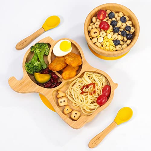 Vinsani Bamboo Elephant Plate Bowl and Spoon Set for Baby Toddler Kids Children, Suction Plate, Stay-Put Non-Slip Base Design, Hypoallergenic, Food-Grade Silicone and BPA-Free Baby Feeding Set (Blue)