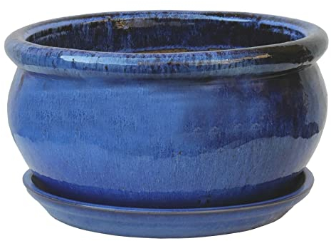 STONE art & more Pot de fleurs azalée Ø 34 cm H 19 cm Bleu roi émaillé avec dessous de verre résistant au gel fait main au Vietnam