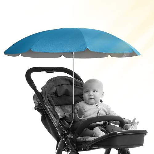 STYNGARD Sonnenschirm Kinderwagen UV Schutz 50+ / 70 cm Durchmesser mit Überhang - Sonnenschutz Kinderwagen - Sonnenschutz Buggy mit flexibler Universalhalterung Modell ROME (babyblau)
