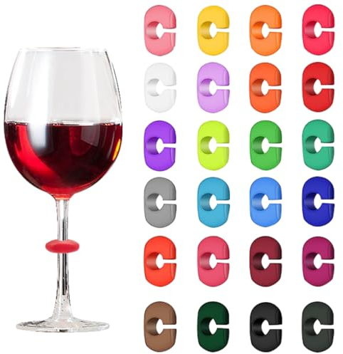 Zayookey 24 Pezzi Segnabicchiere Silicone Segna Bicchieri Calici Riutilizzabili Marcatori per Bicchieri da Vino Identificatore del Bicchiere di Vino per Feste Bar Cocktail (24 colori)