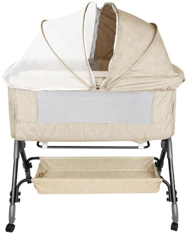 HUOLE 3 in 1 Beistellbett & Babywiege & Reisebett, 4-stufig Höhenverstellbares Babybett, neigbar, Kinderbett, Stubenwagen für Babys bis 25kg belastbar-104 x 52 x 100–110 cm – gebrochenes Weiß