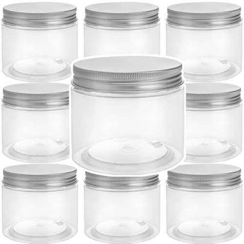 MAKTSAM 30 tarros de almacenamiento de plástico transparente de 150 ml, recargables y a prueba de fugas con tapas de aluminio plateado, recipientes de limo para especias, cremas, lociones