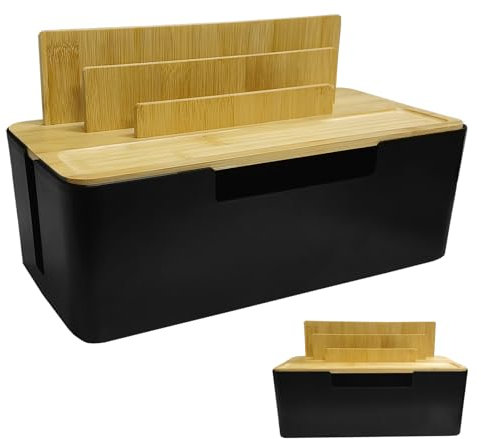 Kabelbox mit Holzdeckel, 30 × 13 × 16 cm Kabel Organizer Box mit Telefon, Smartwatches und Tablet Halterung, Kabelmanagement Box zum Verstecken von Steckdosenleiste und Kabel(schwarz)