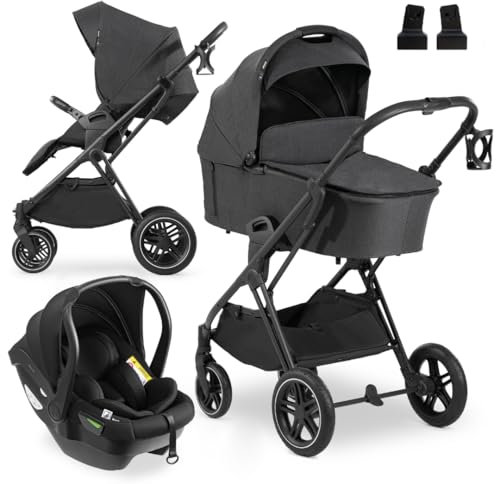 hauck 3in1 Kinderwagen Set Vision X mit Drive N Care Babyschale - Kombikinderwagen mit Federung und höhenverstellbarem Sitz - Melange Black