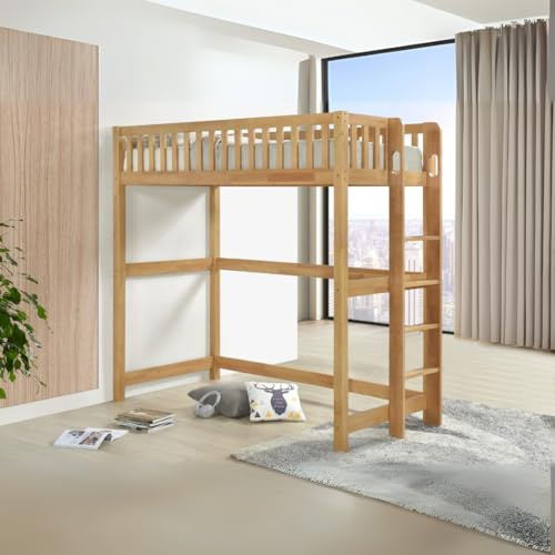 Reinforced Beds 3FT Single (90x190cm) Wooden Beccles High Sleeper, Universal Ladder (Natural Oak Finish, Single)