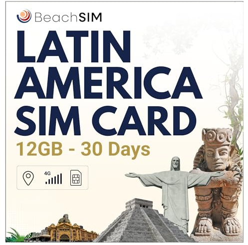 BeachSIM SIM Karte Südamerika 30 Tage. 12 GB Datenvolumen mit 4G/5G-Netz. Costa Rica, Brasilien, Puerto Rico und mehr als 9 weitere Länder in Lateinamerika. Nur Prepaid-Daten.