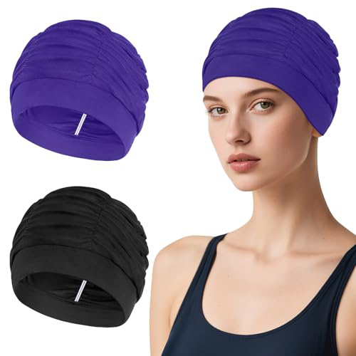 Kiiwah 2 Pièces Bonnets de Bain Élastique, Bonnet de Natation en Tissu Polyester Confortable, Cagoule Piscine Élégante pour Cheveux Longs Femme Homme Enfant(Noir Violet
