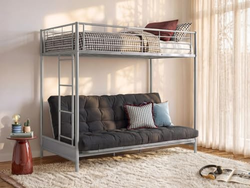 Vente-unique - Lit Mezzanine 90 x 190 cm - avec Banquette Convertible - Métal - Argent + Futon Noir - MODULO V