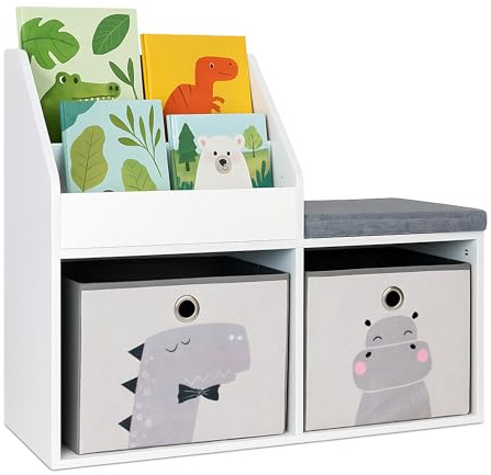Banc pour Enfants Relaxdays avec Rangement, 72 x 79 x 31 cm, 2 boîtes Pliantes Animaux, Coussin, Blanc/Gris