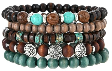 5PCS Boho Beaded Bracelets for Women and Men – Stackable Wooden & Alloy Bracelets with Turquoise Beads and Tree of Life Charm, Handmade Elastic Cuff Jewelry Gift Set (#A)