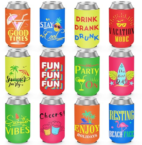 Paquete de 12 divertidos enfriadores de latas de cerveza a granel, citas temáticas de playa, fundas aisladas de neopreno para botellas de bebidas para verano, piscina, barbacoas, recuerdos de fiesta
