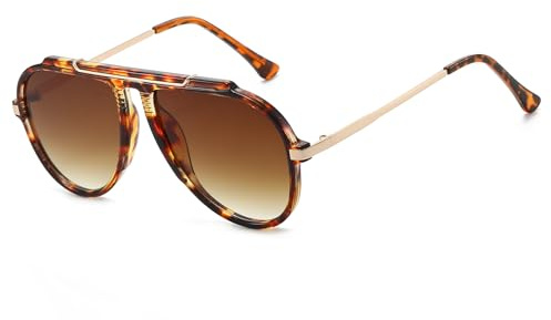 LJCZKA Lunettes de Soleil Pilote Grande pour Femmes Hommes Années 70 Pilot Lunettes de Soleil Monture Métallique Vintage Mode Protection UV400 (Léopard Dégradé Marron)