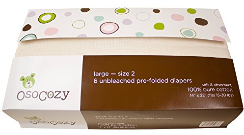 OsoCozy Unbleached Prefold Cloth Baby Diapers, Size 2 (15-30 lbs.), Soft, Absorbent, Durable 100% Natural Cotton, Unbleached Natural Color -6 Pack