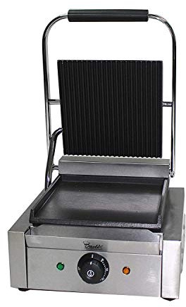 Davlex Panini Press Machine Commercial Contact Grill Electric Hotplate with Ribbed Top Griddle Effect Stainless Steel Cast Iron Construction