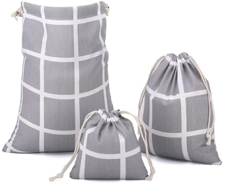 Amoyie Drawstring Organiser Bag Set 3 pcs, Canvas Fabric Pouch for Little Accessories