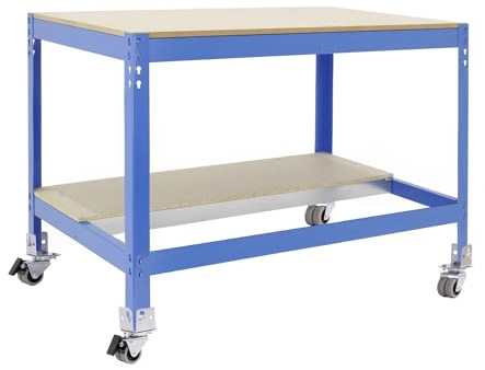 Simon Rack Mesa de Trabajo Taller, Capacidad Carga 120 kg, 917x1210x760 mm, Incluye Ruedas, Azul/Madera - BT0