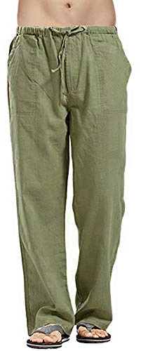 Vanvene Pantalon en lin de détente pour homme coupe ample et jambes droites avec taille élastique et cordon de serrage