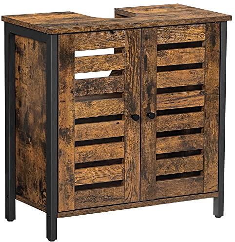 VASAGLE Waschbeckenunterschrank, Badezimmerschrank, Aufbewahrungsschrank, 30 x 60 x 60 cm, mit 2 Lamellentüren, verstellbare Regalebene, mit Griffen, vintagebraun-schwarz BBC902B01