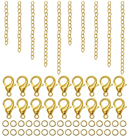 90pcs Extender Chains and 100pcs Alloy Lobster Clasps with 100pcs Open Jump Ring,Twist Tail Chain Bracelet Chain Extender Lobster Claw Clasps for Jewelry Making Supplies(290pcs,Gold)