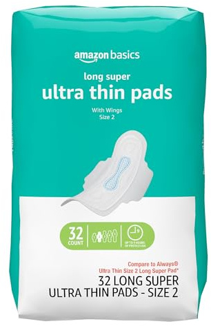 Amazon Basics Menstrual Pads for Women With Flexi-Wings, Long Length, Size 2, Super Absorbency, 32 Count (Pack of 1)