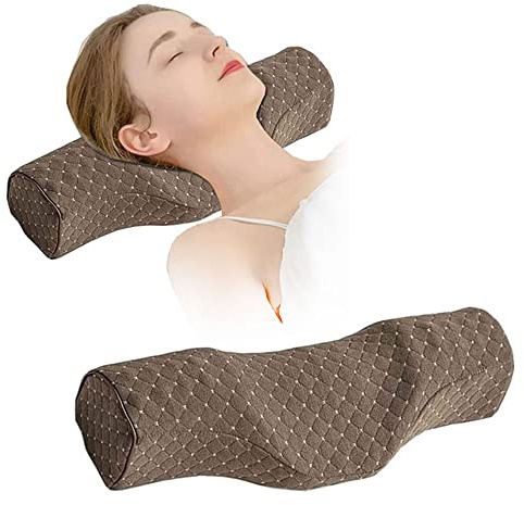 Cervical Neck Pillow for Pain Relief Sleeping, Neck roll Pillow Memory Foam for Stiff Neck Pain Relief ，Travel Bolster Pillow for Bed for Side Sleepers Back Sleeper. (Brown)