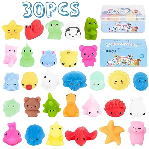 Nuseya 30pcs Mochi Squishy Toys No Duplicates Fidget Toys Gift for Kids Girl Boy Party Favor Kawaii Squishies Mini Sensory Stress Relief Toys Birthday Gift Classroom Prizes Goodie Bag Stuffers