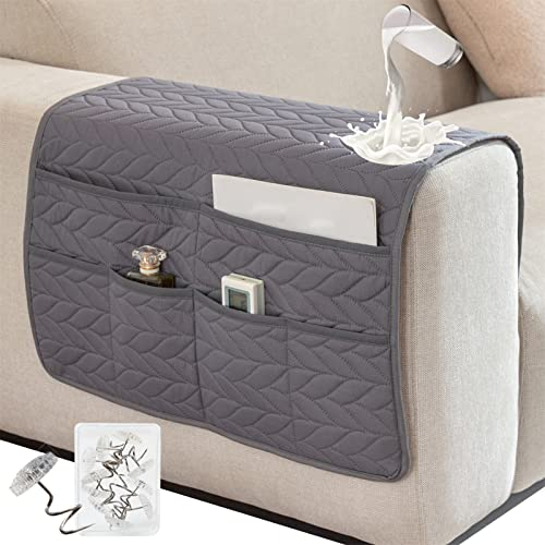 SHUOJIA Funda Protectora para reposabrazos de sillón,Organizador de Almacenamiento Antideslizante Impermeable para reposabrazos de sofá con 6 Bolsillos,para Control Remoto de TV (Dark Gray)