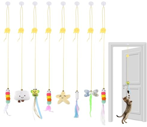 TNSLAND Juguete Interactivo para Gatos con Marco de Puerta Colgante, 8 Piezas con Campana y Plumas Teaser para Persecución de Gatitos
