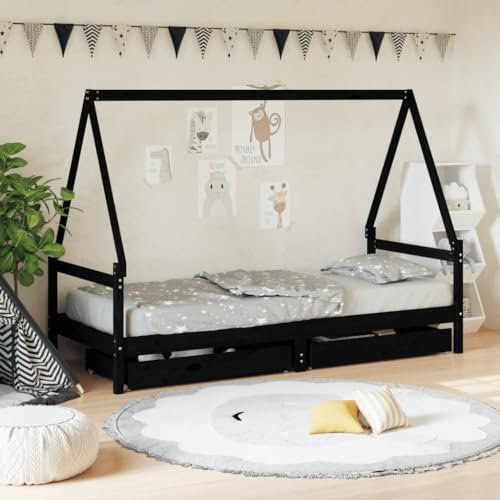 Festnight Kinderbett Hausbett 80 x 200 cm Kinderbett mit Schubladen Schwarz Holzbett Rausfallschutz Bett Hausbett Kinder Kinderbett Mit Rausfallschutz Bett Kinder mit Lattenrost