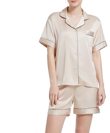 Xuepelit dampyjamas-set, sommar, sidenpyjamas för kvinnor med knappslå och tvådelat nattlinne i beige, champagne, L