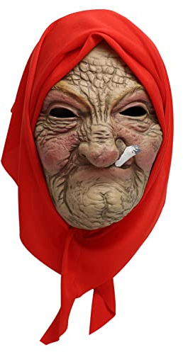 AENEY Halloween Old Lady Granny Mask, Realistic Old Woman Smoking Masks with Red Headscarf, Funny Wrinkle Cosplay Props (Smoking)