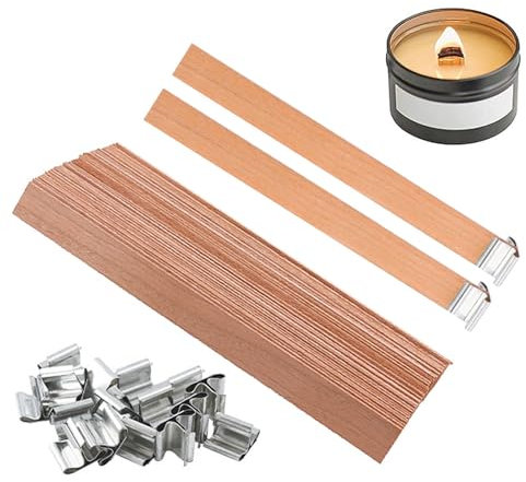 LINGJIA 50 Piezas Hacer Velas, Mechas de Velas de Madera con Marcos de Hierro, Astillas de Madera de Velas, Mechas de Velas Gruesas, Mechas de Velas para Hacer Velas Hechas a Mano