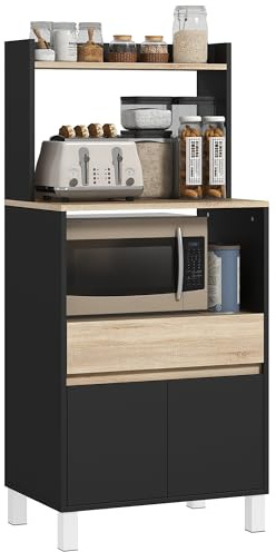 HOMCOM Meuble Micro Onde, Buffet Cuisine avec Placard tiroir étagère supérieur, Meuble Micro Ondes Cuisine Rangement pour Salle à Manger, Salon, 60 x 40 x 131 cm chêne et Noir
