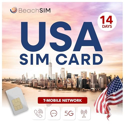 BeachSIM Tarjeta SIM prepago para EE.UU.14 días. Datos 5G ilimitados, Llamadas y SMS.Red T-Mobile. Compatible con iOS y Android.