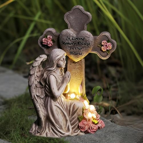 Angelo per scavo resistente alle intemperie, angelo grave, antigelo, figura angelica, luce solare, resistente alle intemperie, ornamento tombale impermeabile in resina, decorazione del funerario a LED