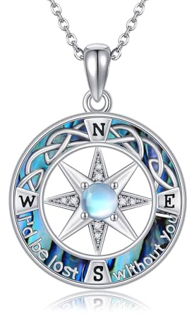 DAYLINLOVE kompass kedja 925 sterlingsilver keltisk knut månsten abalone snäcka berlock halskedja examen födelsedag årsdag smycken presenter för kvinnor kvinnor fru dig, Sterlingsilver, Ingen ädelsten