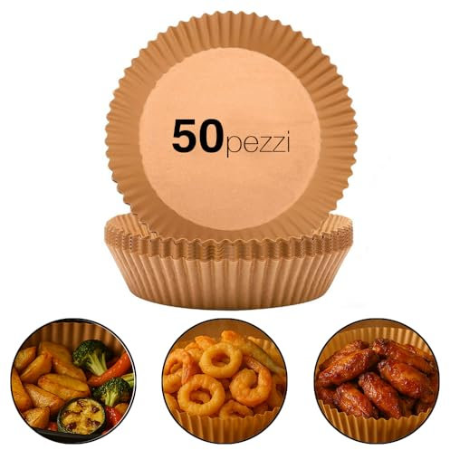 Carta Forno Tonda per Friggitrice ad Aria 50 Pezzi – Ø20cm x 4,5cm, Antiaderente Monouso, Resistente fino a 220°C, Compatibile Forno e Microonde