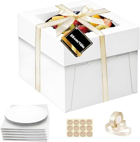 LYSHOOCE 5 Sets de Cajas de Transporte para Tartas con Ventana Transparente 25 × 25 × 20 cm, incluye 5 Tableros para Tartas, Cinta y Etiquetas para Tartas de hasta 25 cm de Diámetro