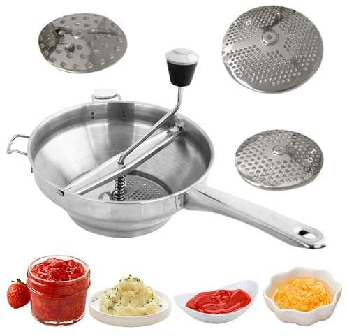 Molino de Alimentos De Acero Inoxidable - Cortador Rotativo, Herramienta De Torsión Mano | Tamiz De Manual, Trituradora Ergonómica Con 3 Discos Para Verduras, Salsas, Frutas, Cocina