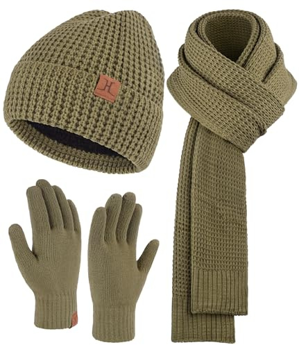 ZASFOU Mens Winter Hat Long Scarf Touchscreen Gloves Knit Set with Warm Fleece Lined Beanie Hats Neck Scaves Gifts for Men