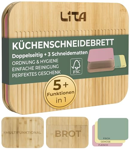 Tabla Cortar Cocina Bambú Madera Doble Cara Antibacteriana Higiénica Con 3 Alfombrillas Intercambiables PP Sin BPA Flexibles Antideslizantes Para Pan Carne Pescado Verduras Quesos Multifuncional LITA