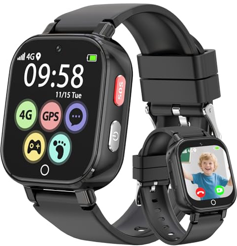 Alutoria Montre Connectée Enfant-Smartwatch avec 4G GPS et Appel Vidéo Chat SOS Jeux Mode Classe Podomètre Réveil- Montre Enfants pour Garçons Filles 5-13 Ans Noir