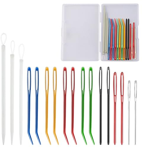 Large Eye Sewing Needles, 17Pcs Yarn Needles Set, Aluminum Big Eye Yarn Darning Blunt Needle Kit with Straight & Bent Curved Tip, Hand Knitting Tools Accessories, for Knitting Embroidery Quilting Uph