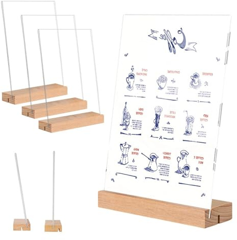 Eulihent 6 Pezzi Espositore Plexiglass A6 Espositori da Tavolo A6 Porta Menu da Tavolo Legno T Forma Porta Cartelli in Acrilico per Uffici, Ristoranti, Hotel (10x15 cm)