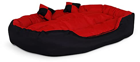lionto Hundebett 4-in-1 mit Wendekissen aus robustem Oxford, 110x80 cm, Heimtierkissen Kratzfest mit tiefem Einstieg für Katzen und Hunde Aller Größen, inkl. Zierkissen, wasserabweisend, rot/schwarz